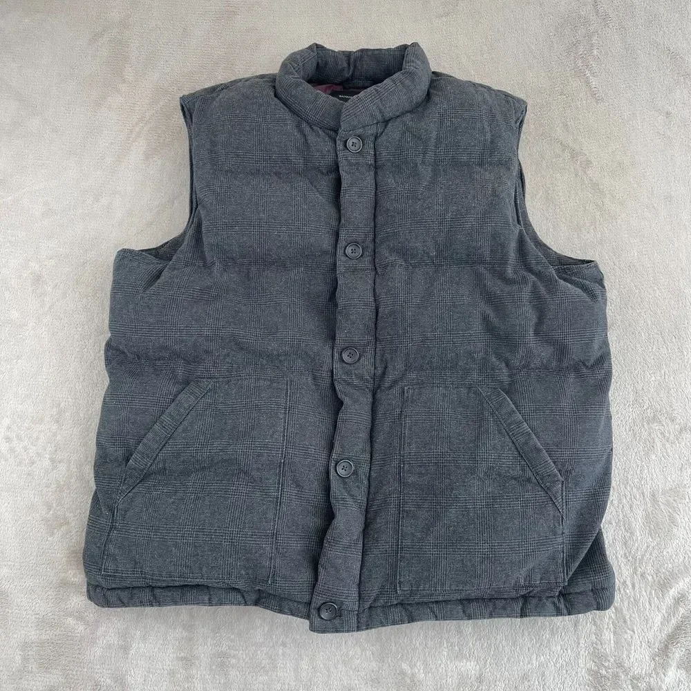 Banana Republic Puffer Vest Men XL Grey Plaid‎ Flannel Satin Lined Full Zip